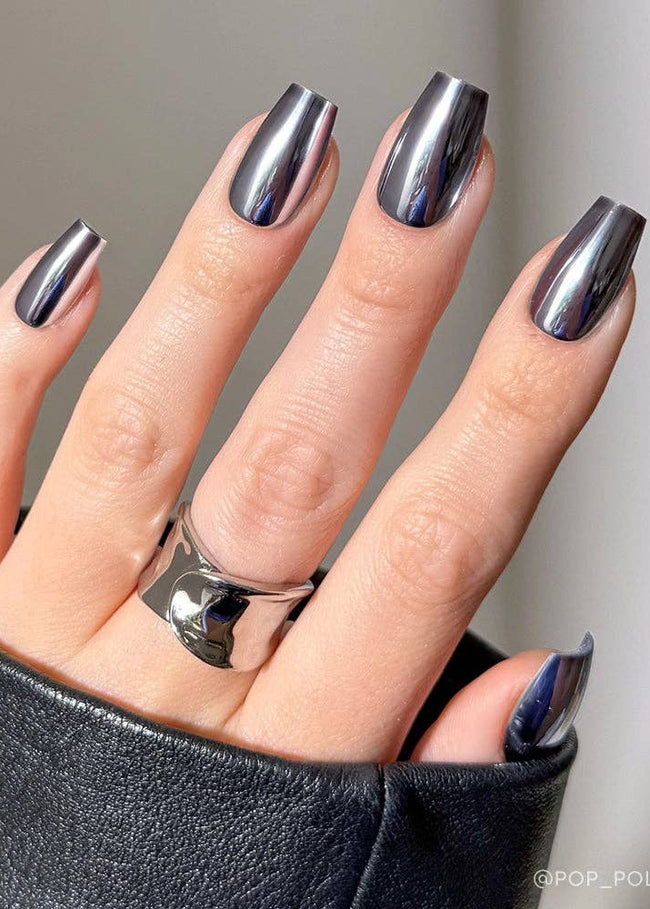 Gunmetal Press-On Nails | Metallic Chrome Medium Nails