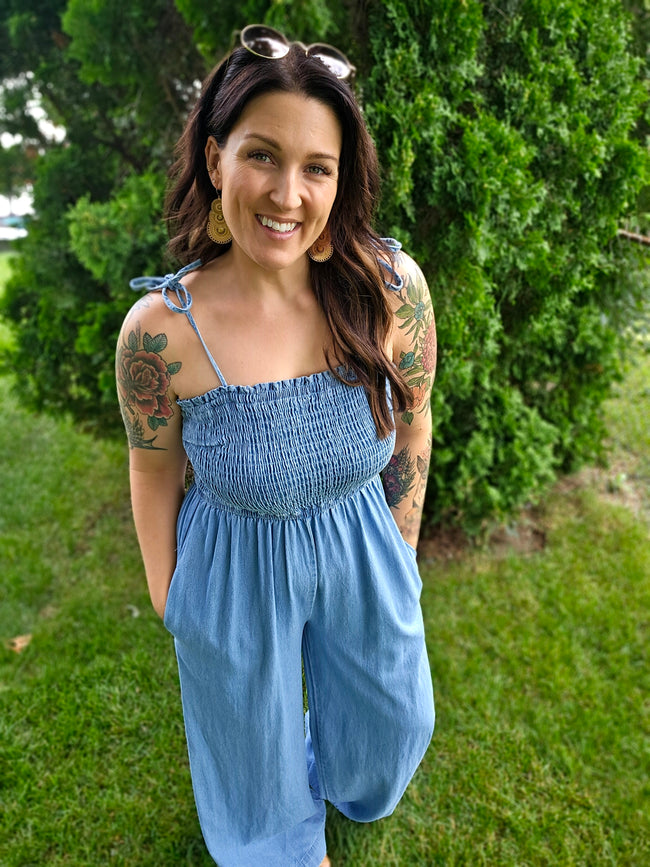 Smocked Denim Jumpsuit