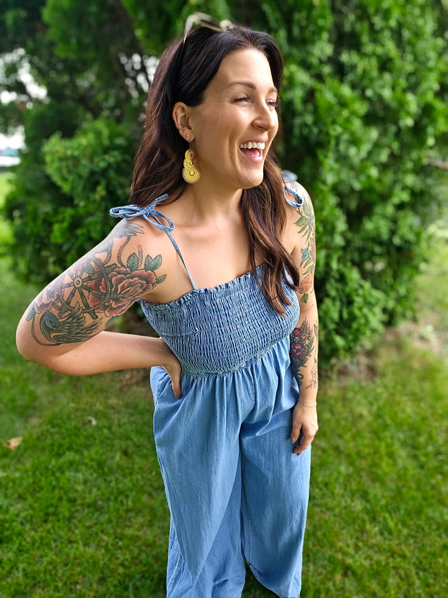 Smocked Denim Jumpsuit