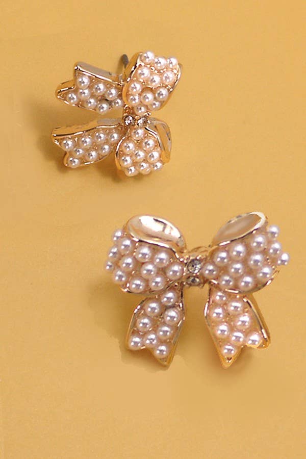 Mini Pearl Bow Ribbon Gold Earrings