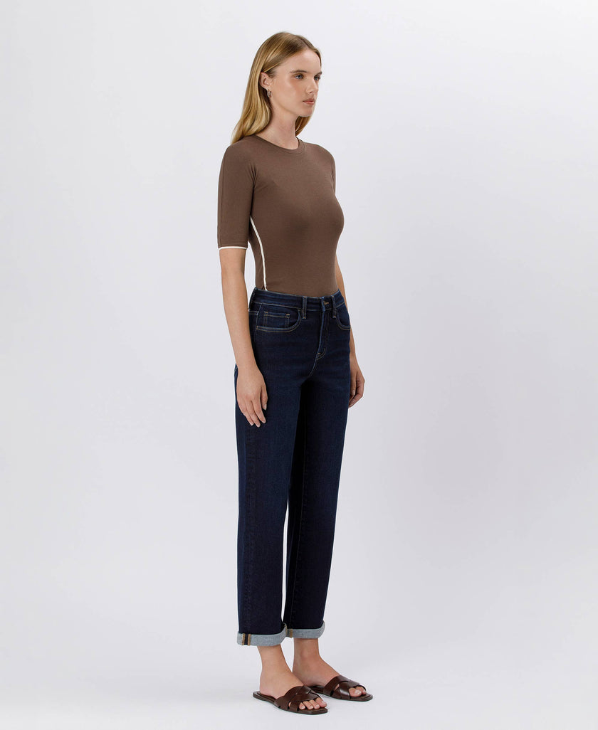 High Rise Cuffed Crop Straight Jeans
