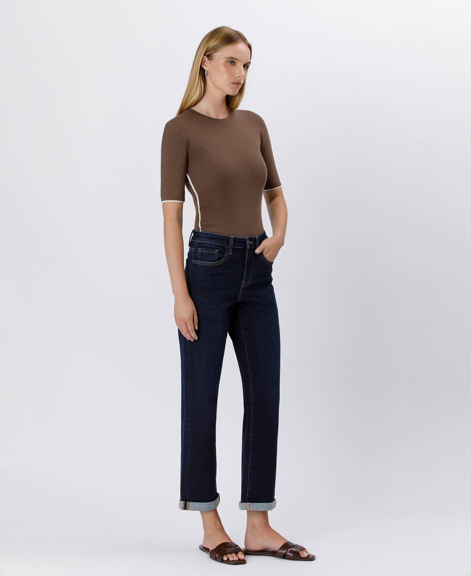 High Rise Cuffed Crop Straight Jeans