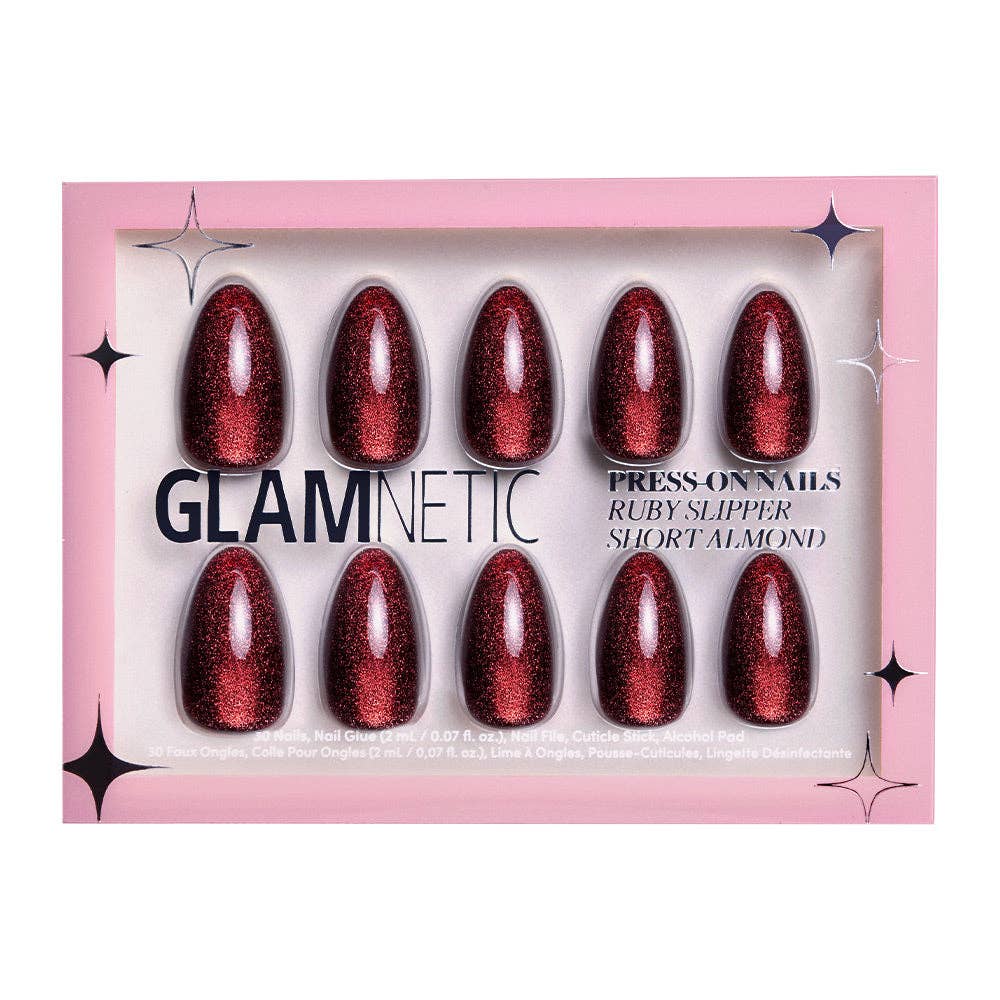 Ruby Slipper Press-On Nails | Short Almond Sparkle Red