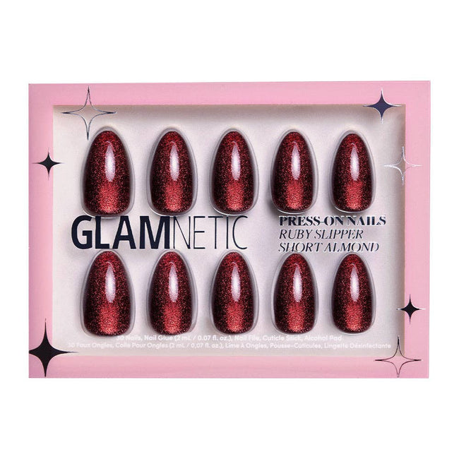 Ruby Slipper Press-On Nails | Short Almond Sparkle Red