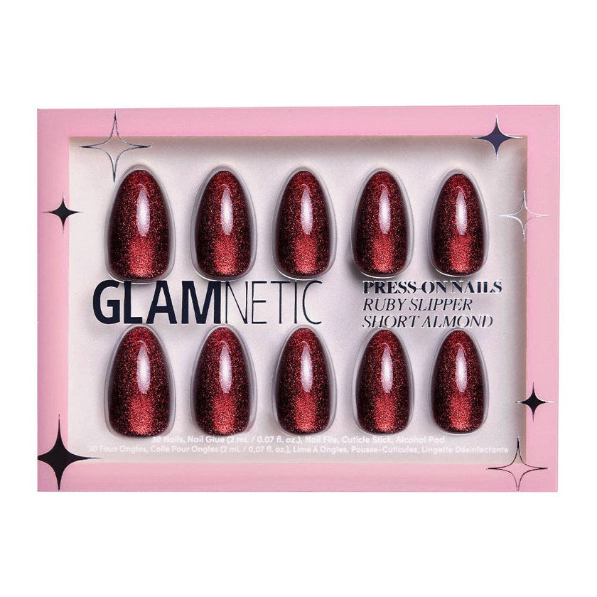 Ruby Slipper Press-On Nails | Short Almond Sparkle Red