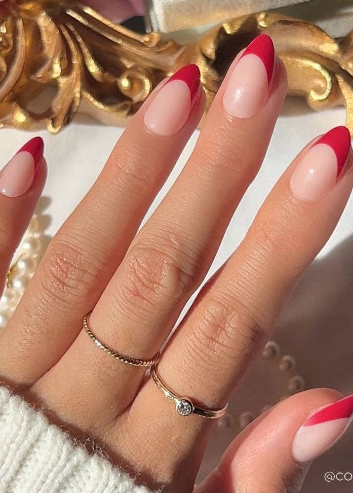 Rose Garden Press-On Nails | Red French Tip | Short Almond