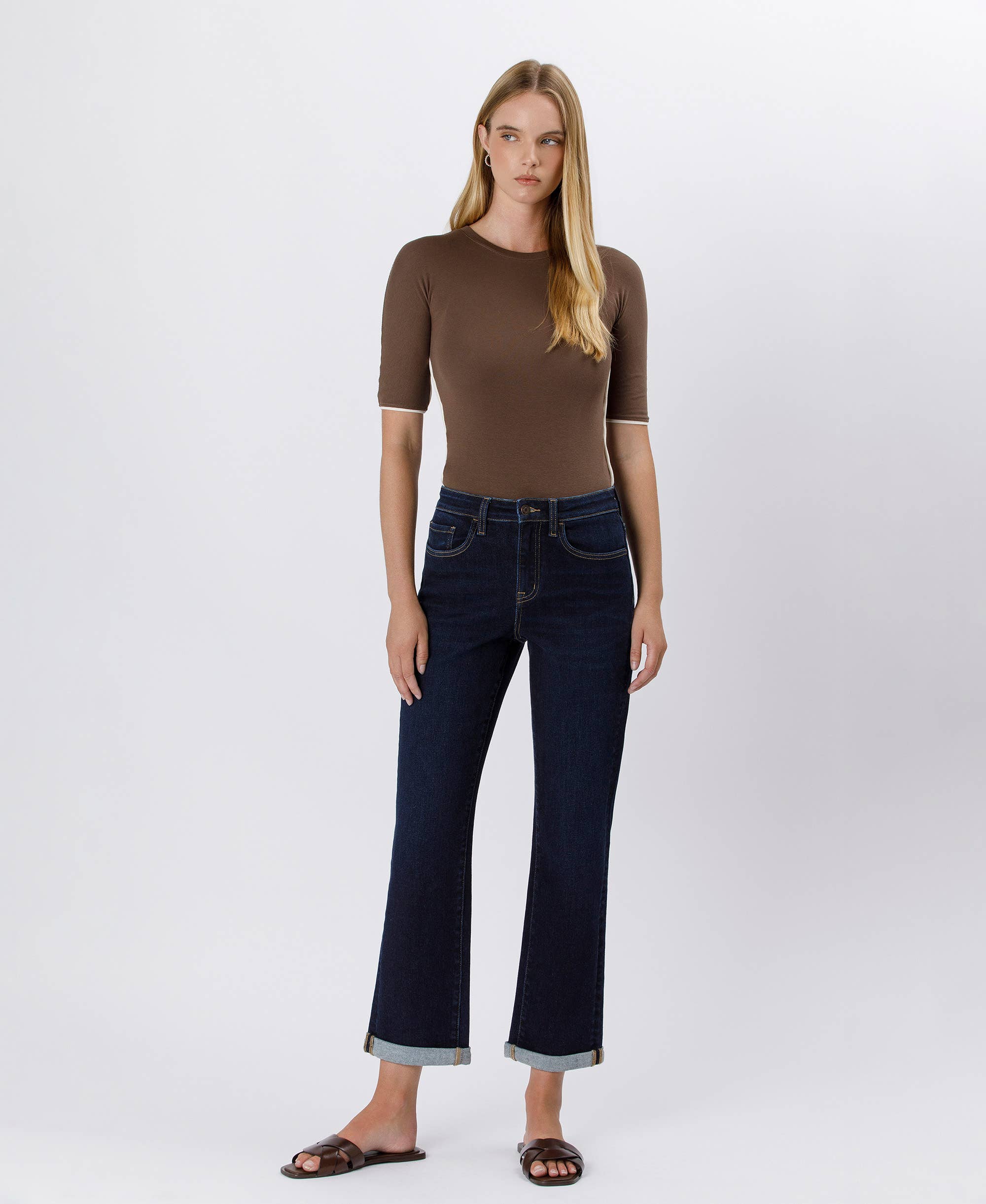 High Rise Cuffed Crop Straight Jeans