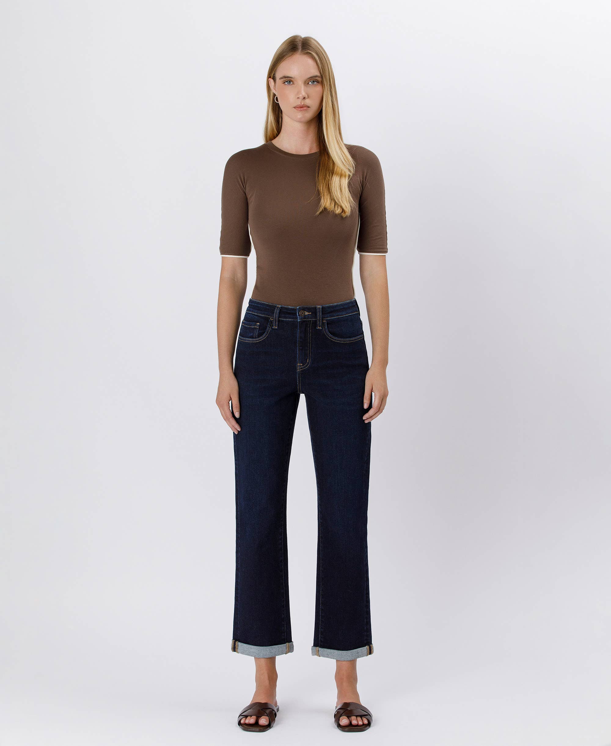 High Rise Cuffed Crop Straight Jeans