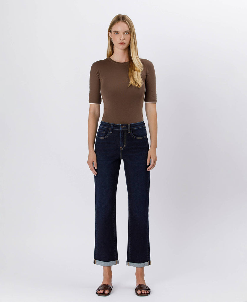 High Rise Cuffed Crop Straight Jeans