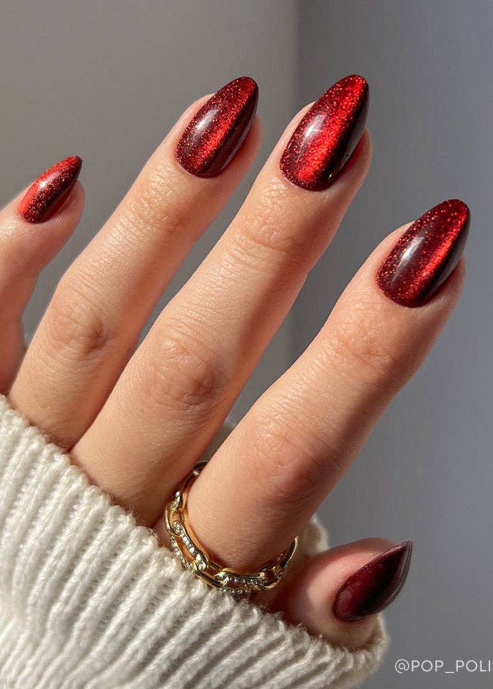 Ruby Slipper Press-On Nails | Short Almond Sparkle Red