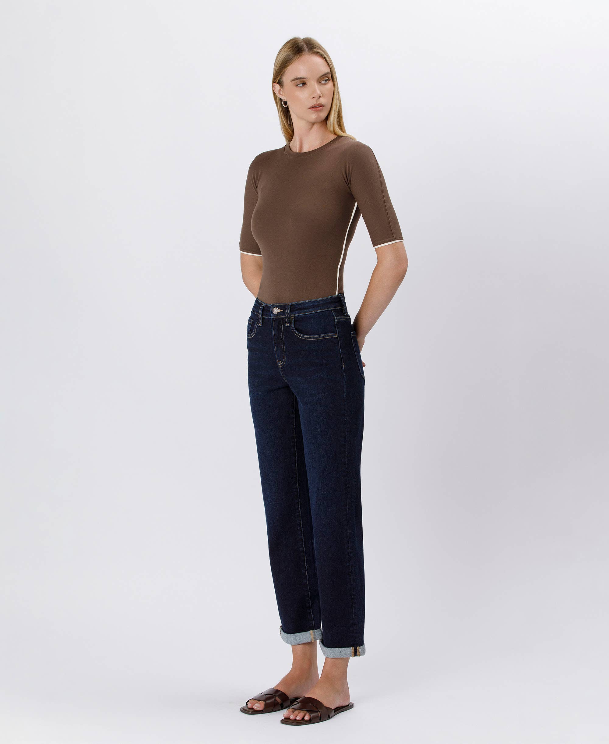 High Rise Cuffed Crop Straight Jeans